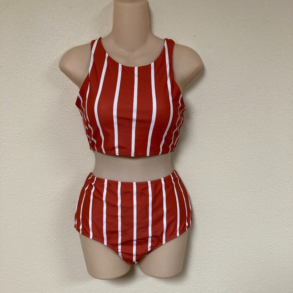 Two Piece Swim Bathing Suit Size Large Rust & Milk Color Stripe NWOT - Picture 2 of 6